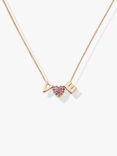 Two Letters and Pink Sapphire Heart Necklace in 18k Gold