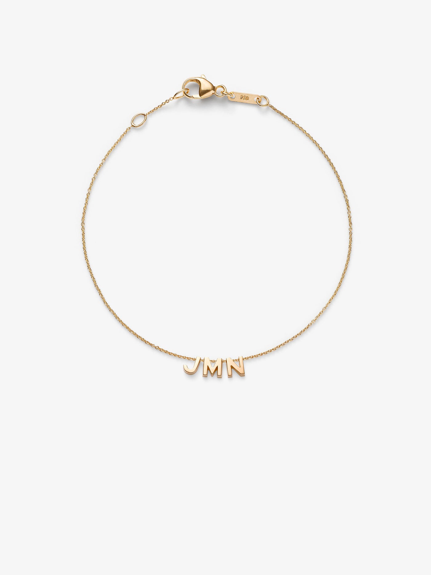 Love Letters Three Letters bracelet with adjustable chain in 18k solid gold.