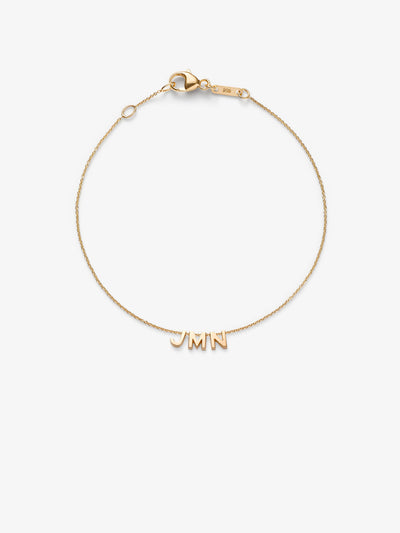 Love Letters Three Letters bracelet with adjustable chain in 18k solid gold.