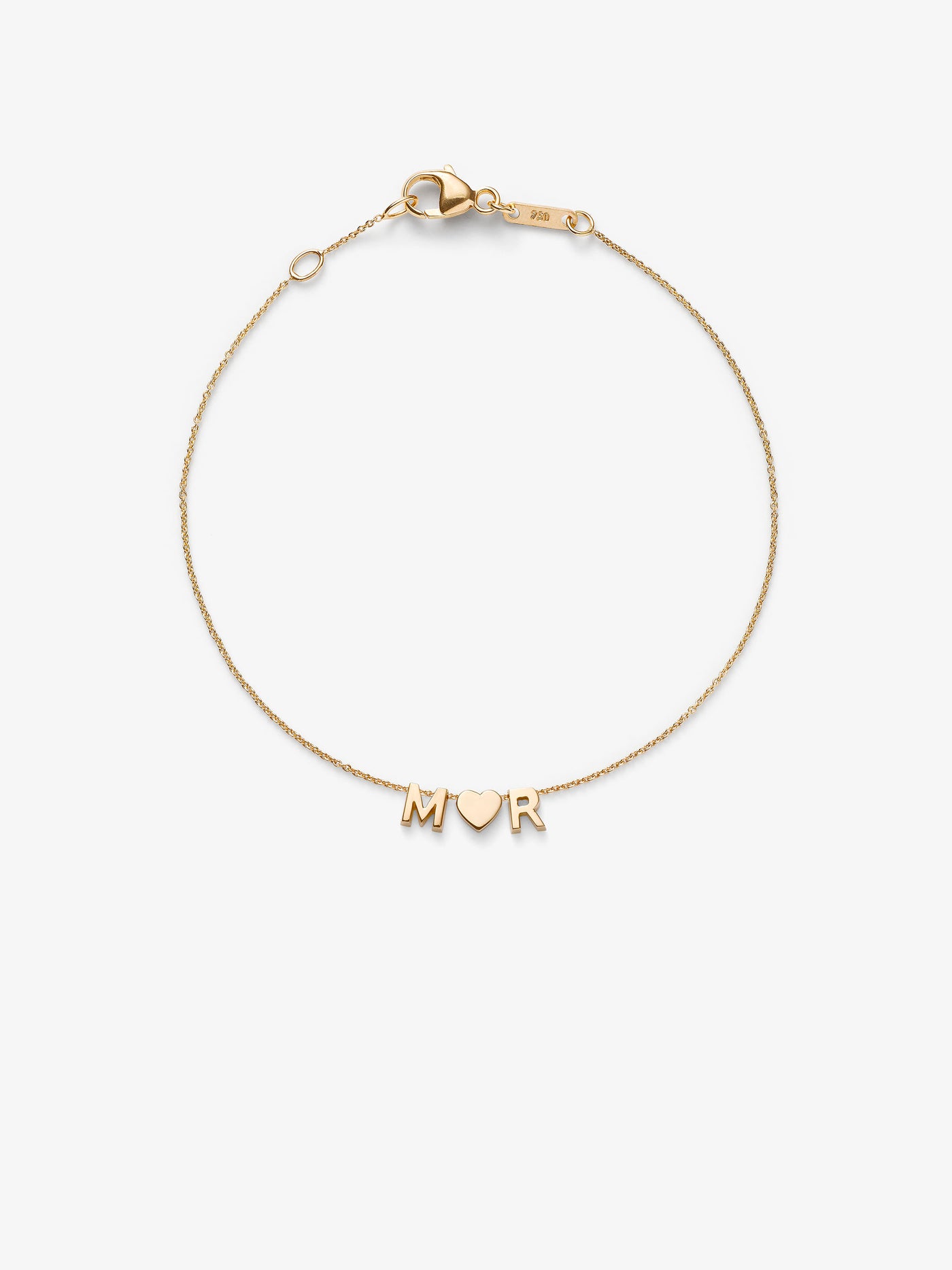 Love Letters Two Letters and Heart bracelet with adjustable chain in 18k solid gold