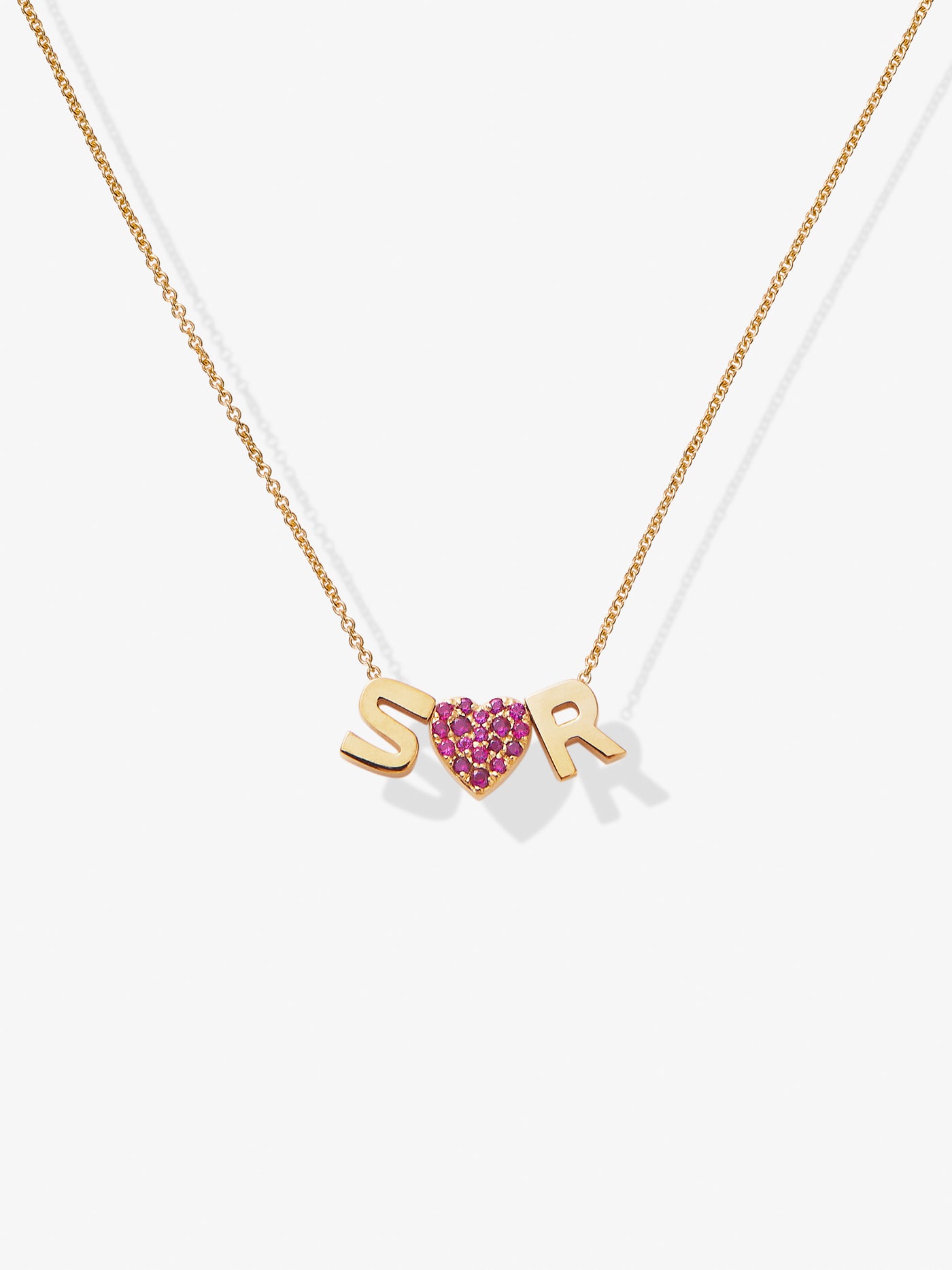Two Letters and Ruby Heart Necklace in 18k Gold