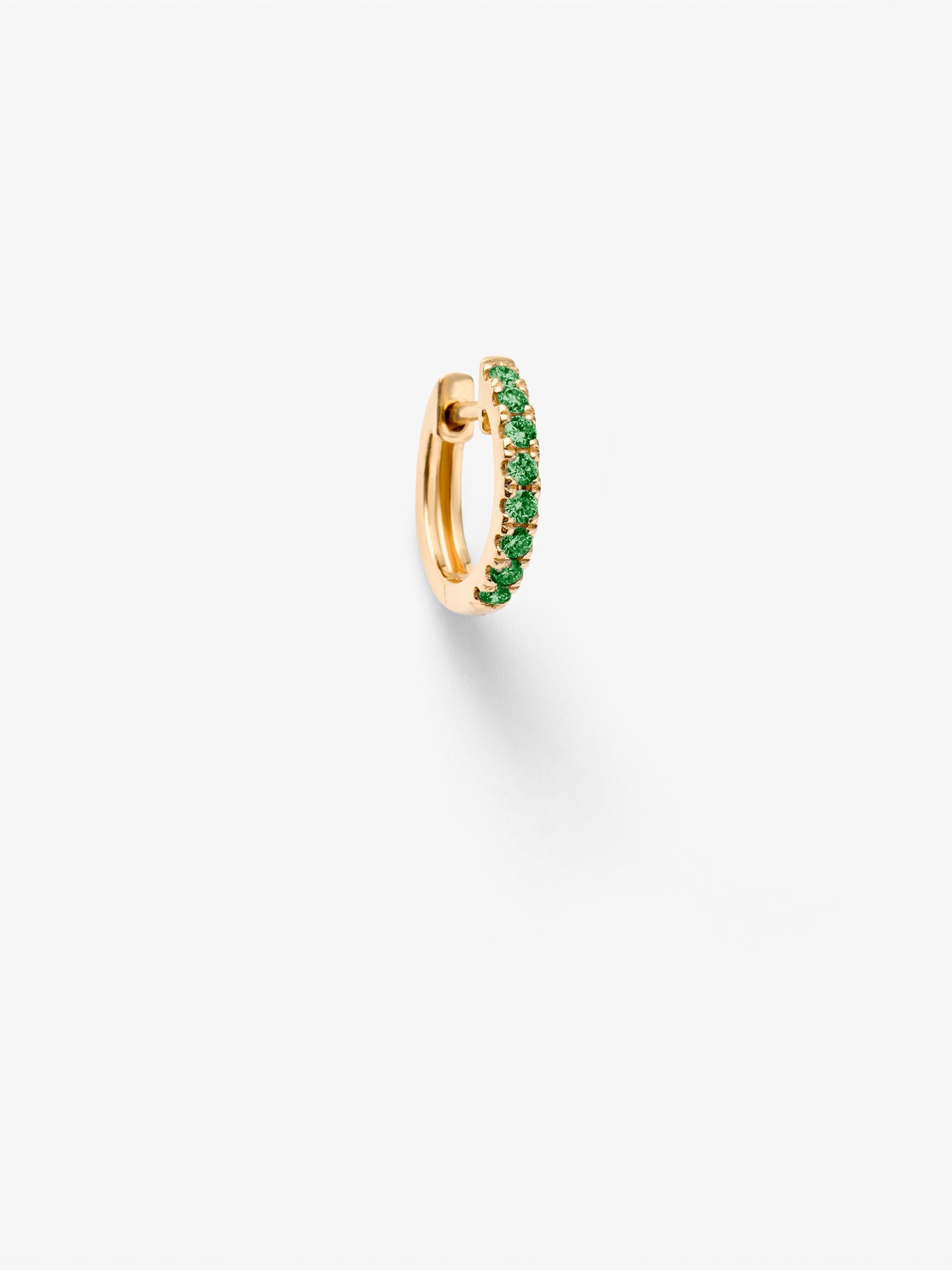 Single huggie tsavorite earring in 18k solid yellow gold, are hinged for easy on and off.